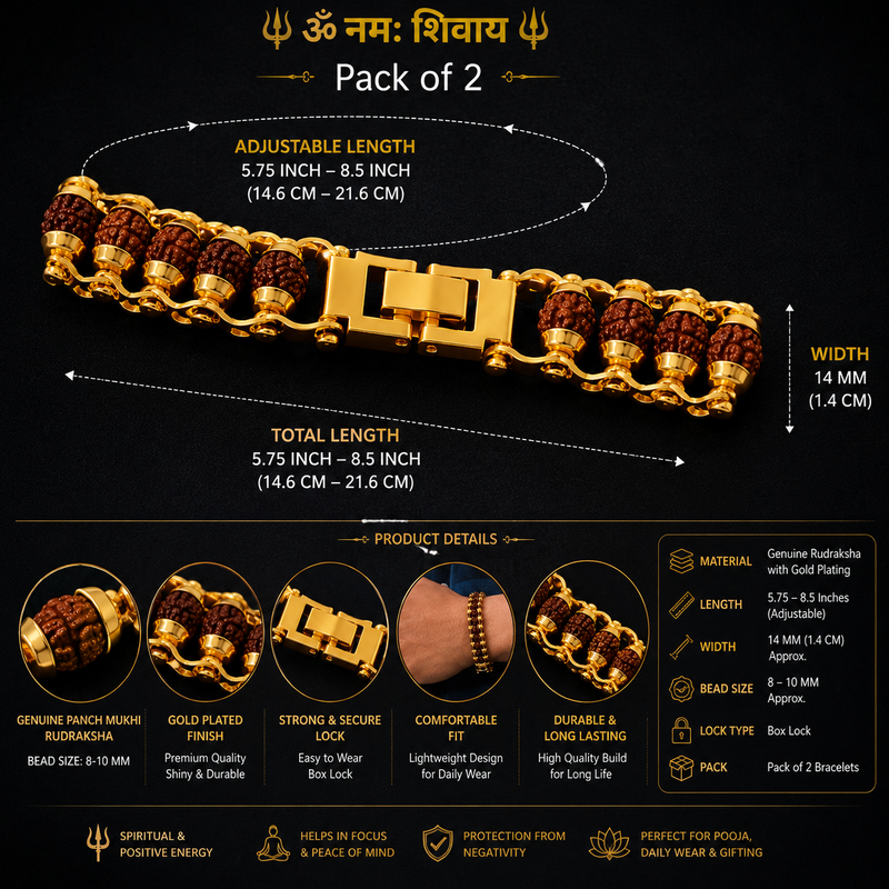 Genuine Paanch Mukhi Rudraksha Bracelet with Gold Plating – Pack of 2