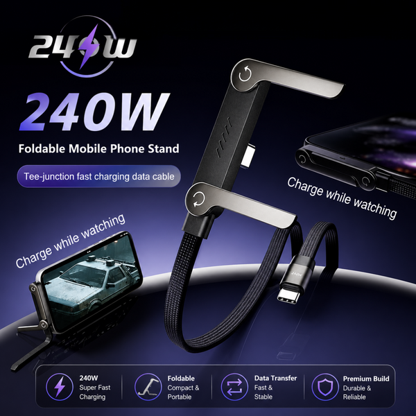 2-in-1 Charger Cable with Built-in Phone Stand – 240W Fast Charging, 360° Rotation