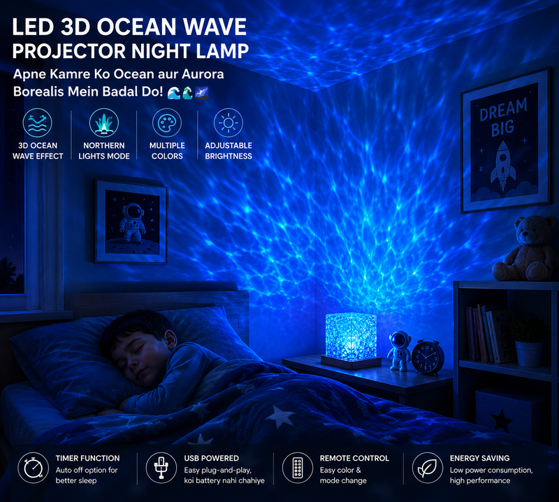 LED 3D Ocean Wave Projector Night Lamp | Water Ripple & Northern Lights Effect