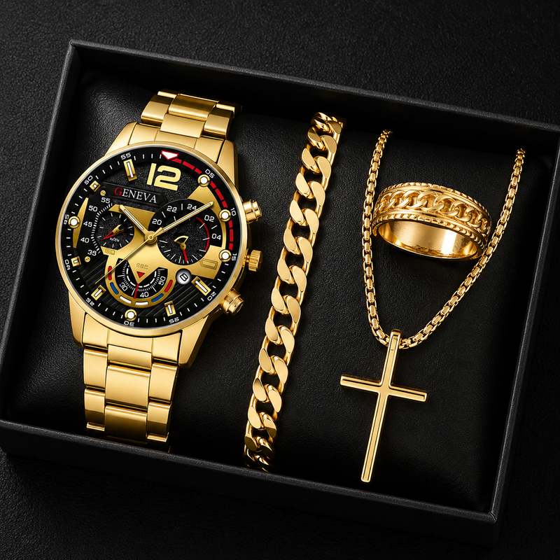 Luxury Men's Gold Watch Gift Set – 4-Piece Watch, Cross Necklace, Bracelet & Ring