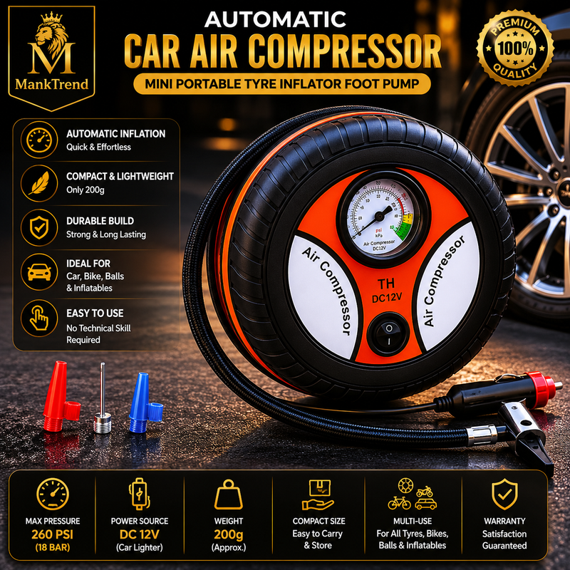 Automatic Car Air Compressor – Mini Portable Tyre Inflator Foot Pump (1 PC)