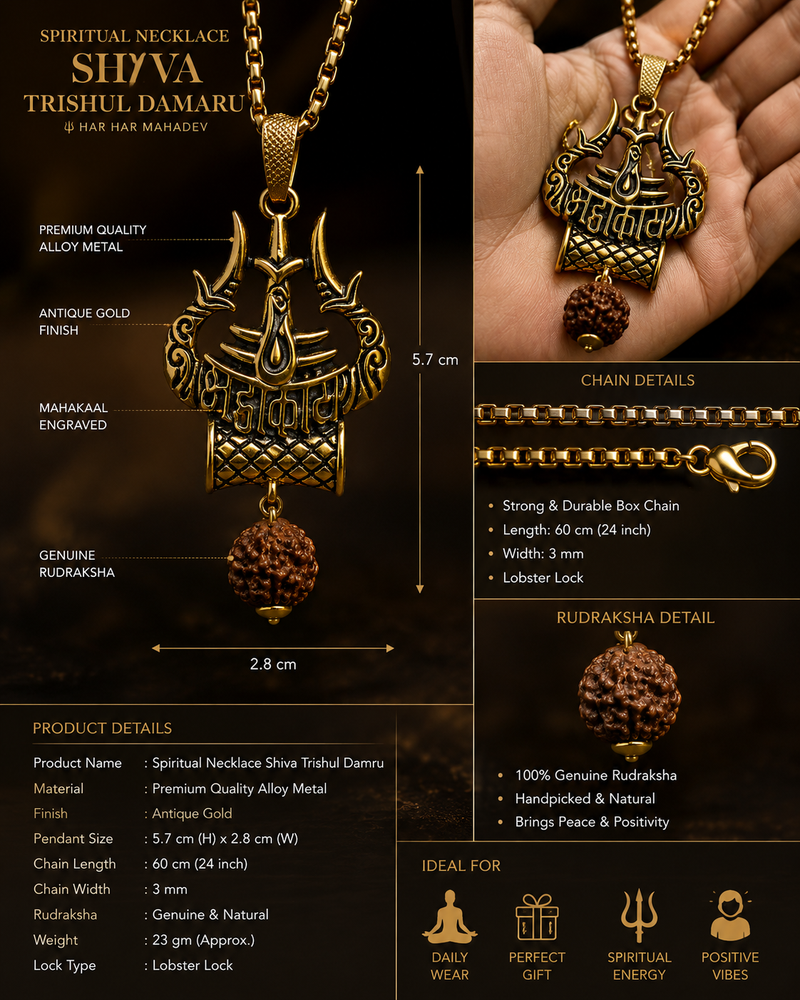 Shiva Trishul Damaru Spiritual Necklace – Gold Trident Pendant (Pack of 1)