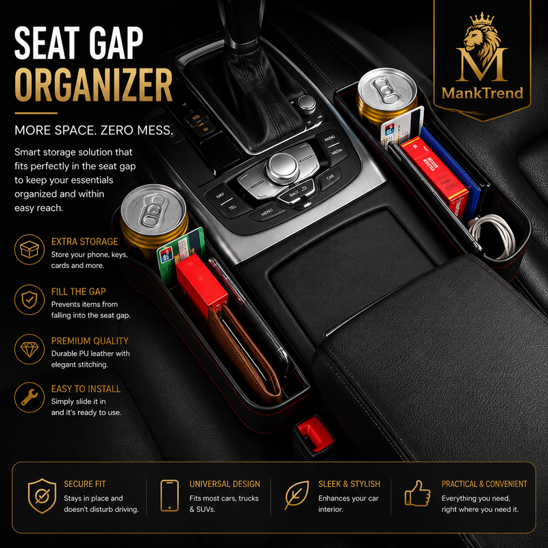 Leather Car Seat Gap Filler Organizer – Console Side Pocket with Bottle Holder (Pack of 1)