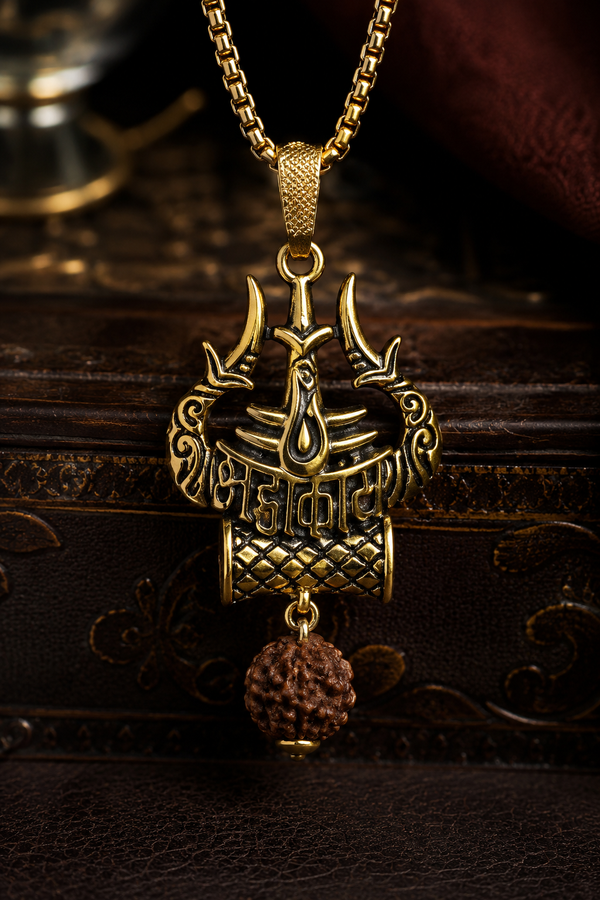 Shiva Trishul Damaru Spiritual Necklace – Gold Trident Pendant (Pack of 1)