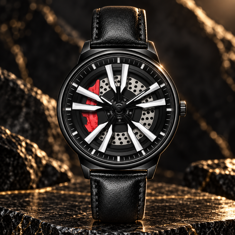 Rotating wheel dial watch, black leather strap and black case