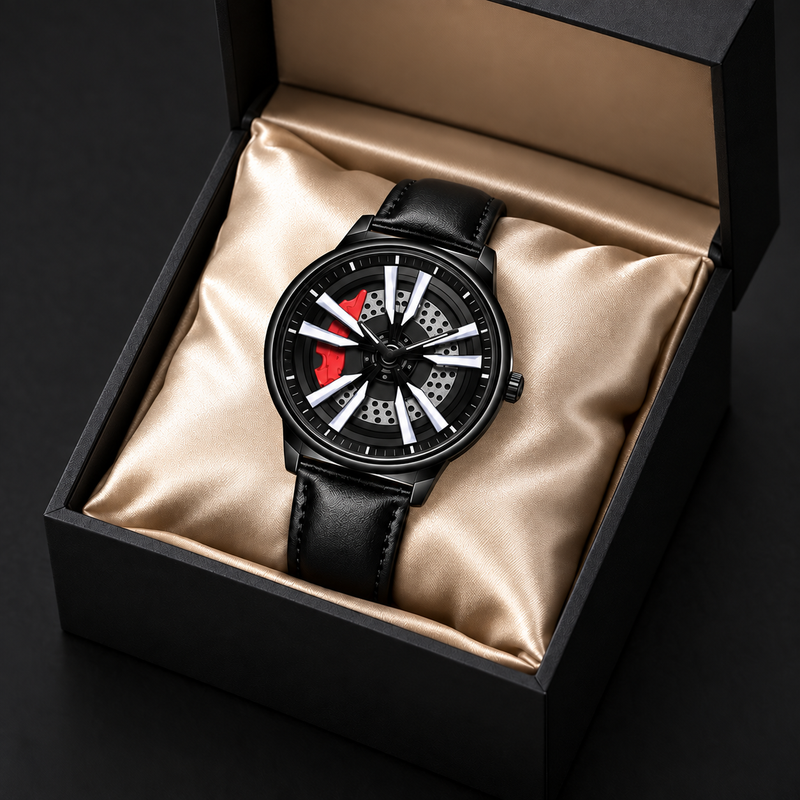 Rotating wheel dial watch, black leather strap and black case, gift box