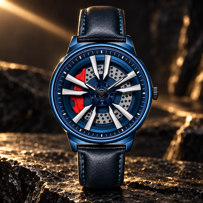 Rotating wheel dial watch, blue leather strap and blue case