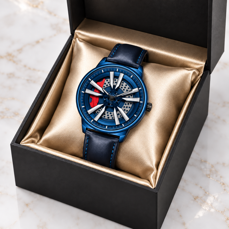 Rotating wheel dial watch, blue leather strap and blue case, gift box