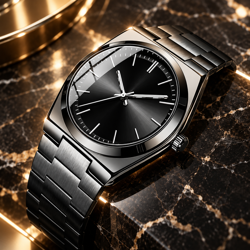 Rose Gold & Steel Round Watch - Black Black Dial