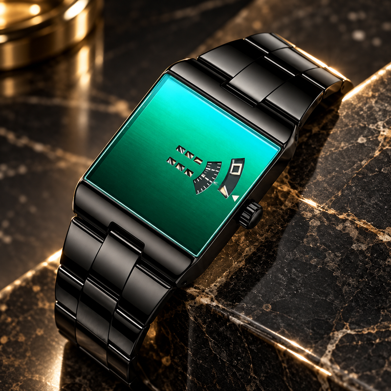 Square Dial Business Watch - All Black Green Dial