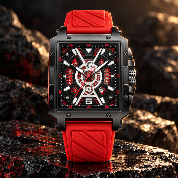 Square Case Sports Watch - Black Case Red Strap