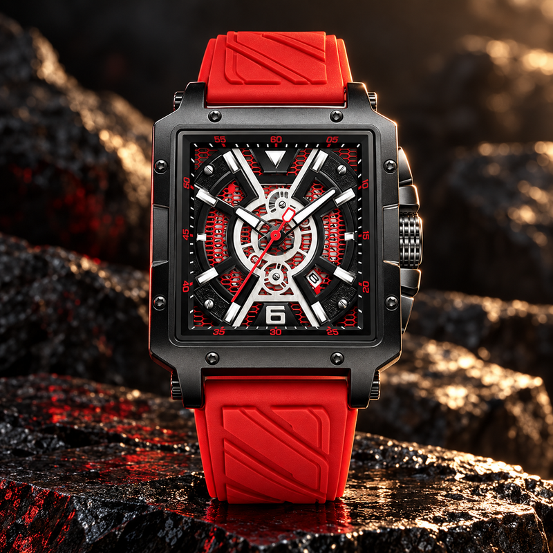 Square Case Sports Watch - Black Case Red Strap