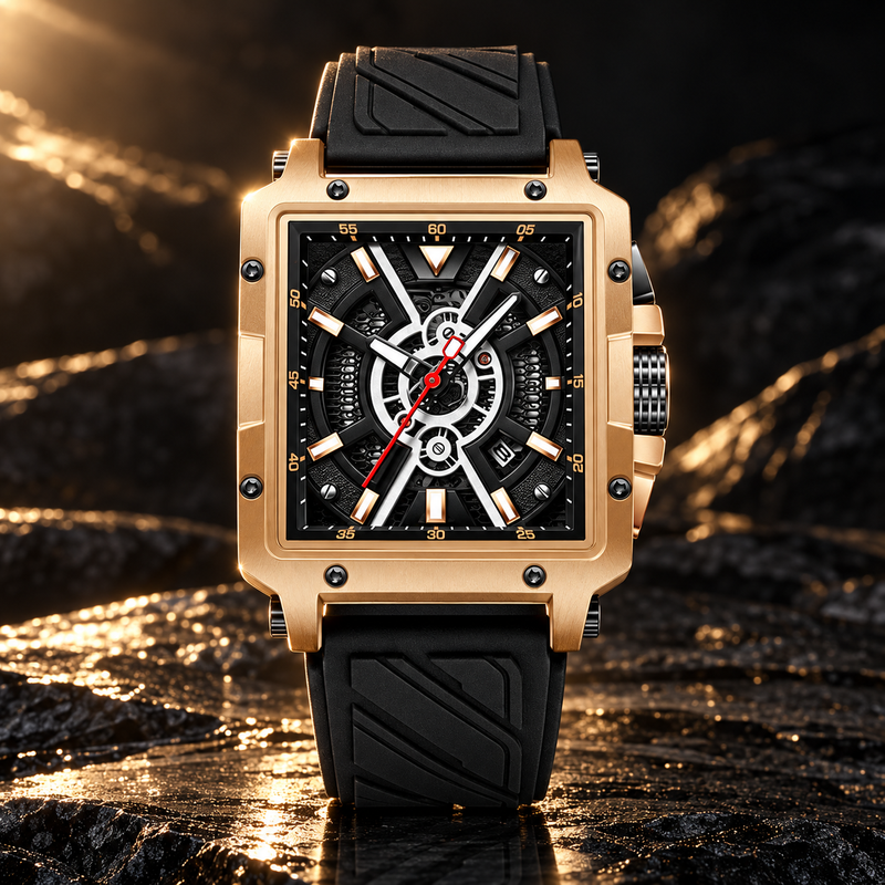 Square Case Sports Watch - Gold Case Black Strap