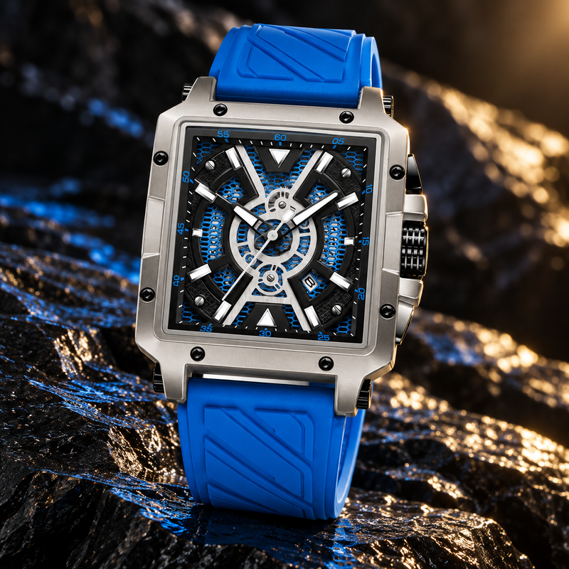 Square Case Sports Watch - Silver Case Blue Strap