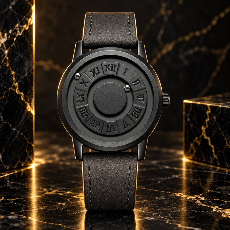 Suspended dial watch, black leather strap and black Roman numeral dial