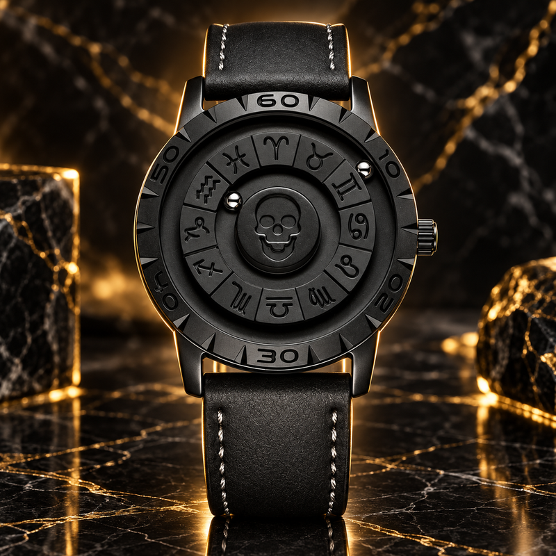 Suspended skull dial watch, black leather strap and black case
