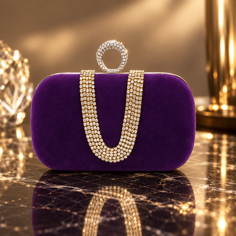 Velvet Crystal Ring Clutch - Purple