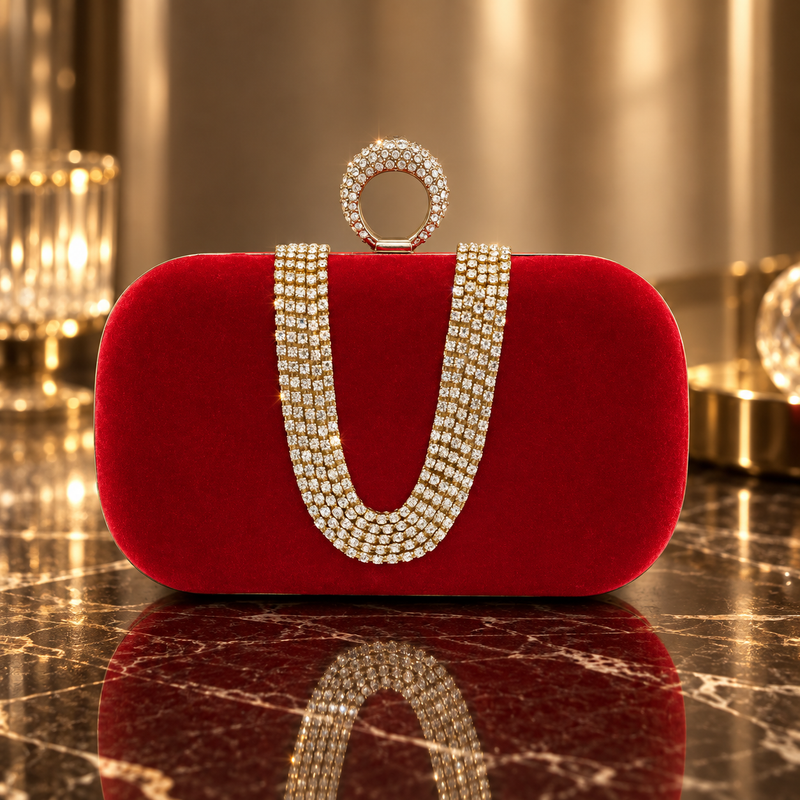 Velvet Crystal Ring Clutch - Ruby Red
